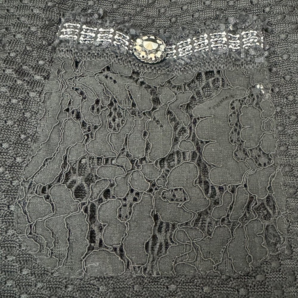 Misook Embroidered Knit Jacket 3/4 Sleeve Lace Patch Embellished Buttons Black M - Picture 12 of 16